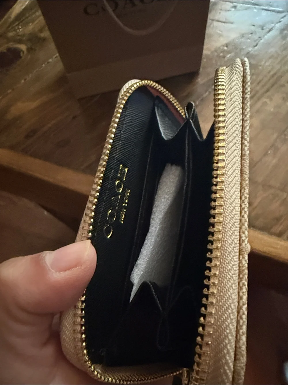 Coach Signature Zip Wallet in Light Beige with Gold Hardware